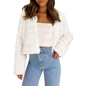 Winter Warm Cropped Jacket Collarless Faux Fur Fluffy Coat White